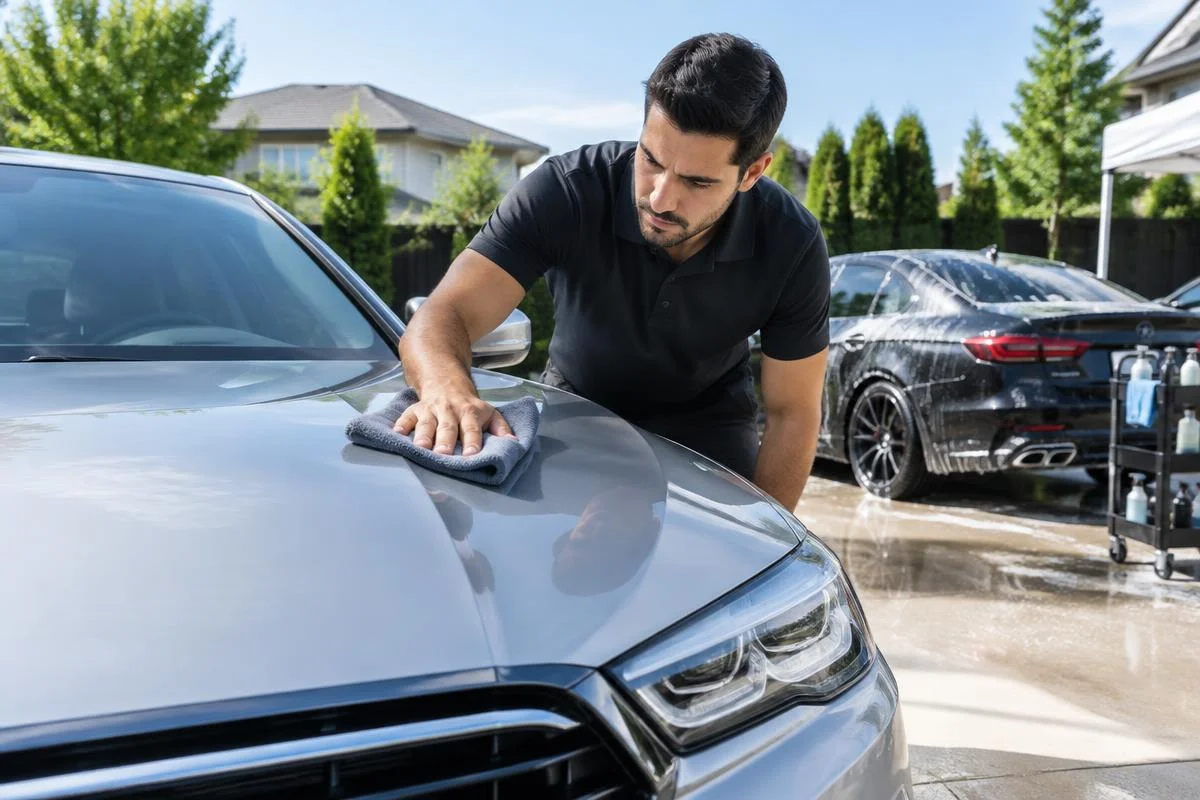 GMBRank.ai illustrates an auto detailer polishing a car at a wash bay.
