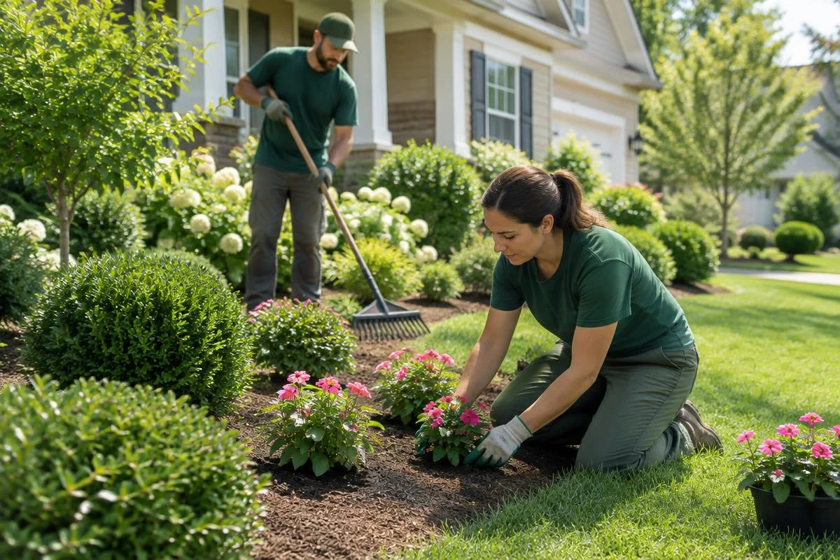 GMBRank.ai illustrates landscapers planting flowers and tending a residential garden.