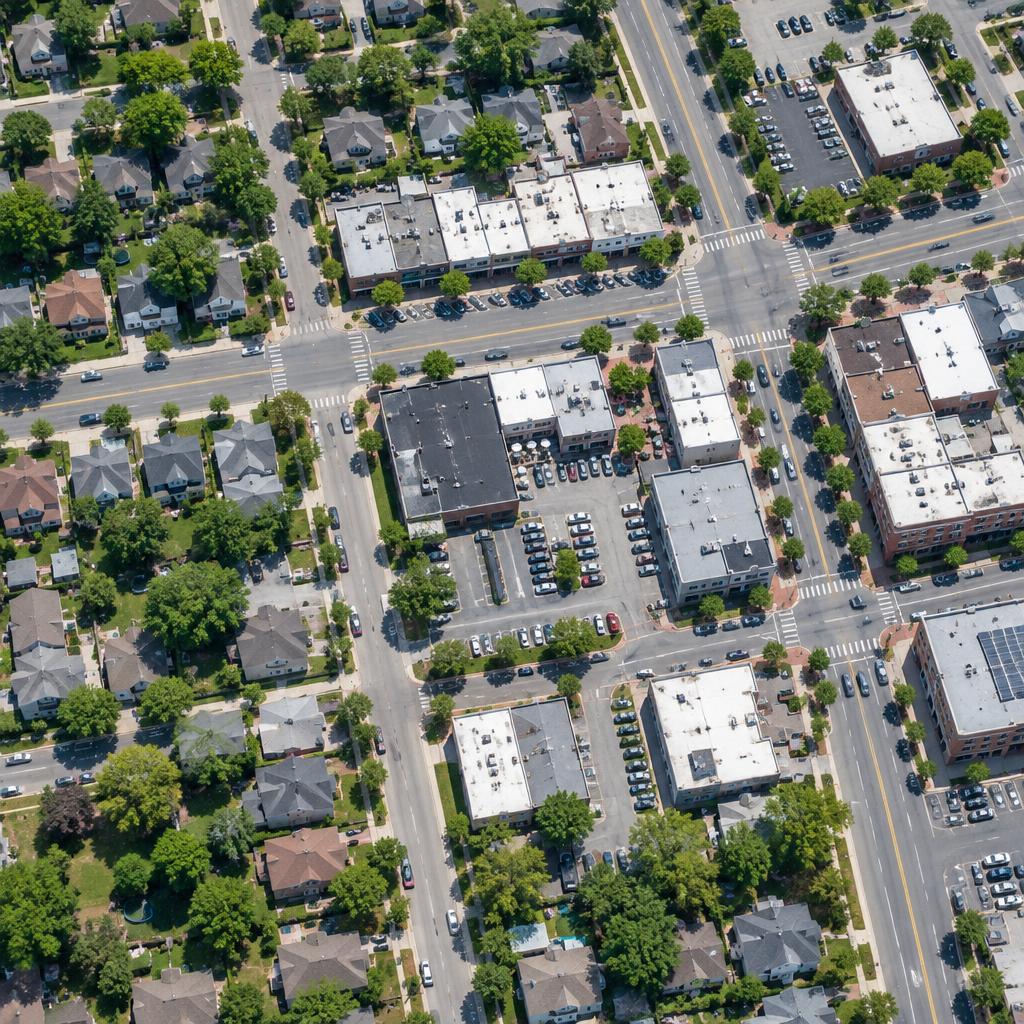 GMBRank.ai illustrates neighborhood ranking positions over an aerial view of streets.