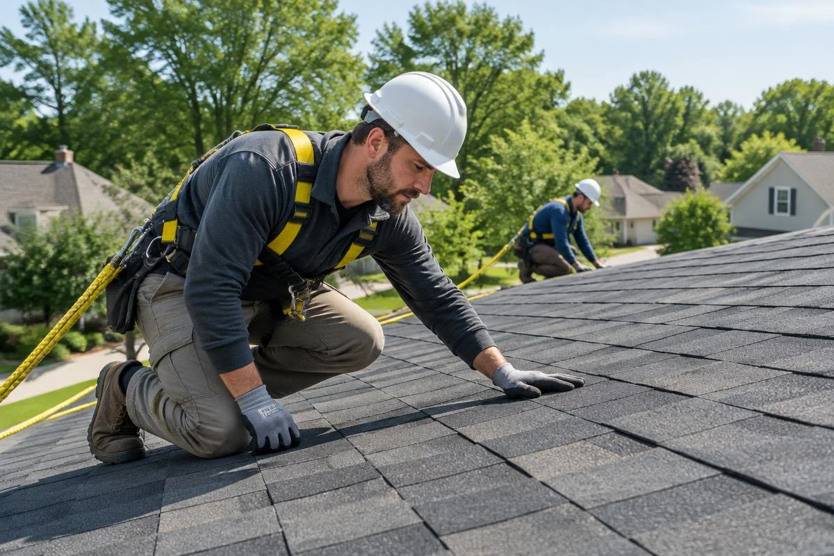 GMBRank.ai illustrates roofing professionals inspecting shingles while wearing safety equipment.